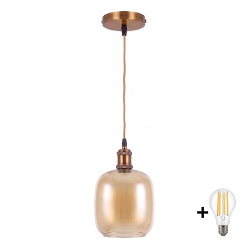 BRILAGI - Cable-suspended LED pendant light RETRO GLASS 1xE27/60W/230V Ø 14 cm gold/smoked brown