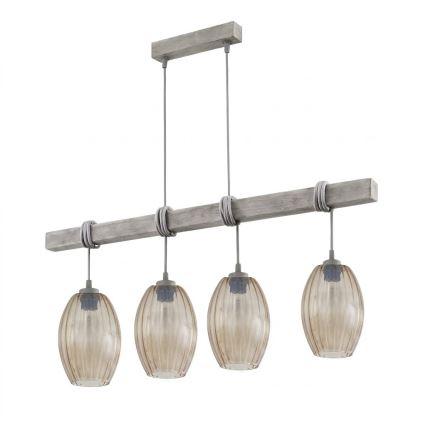 BRILAGI - Cable-suspended chandelier WOOD GLASS 4xE27/60W/230V pine/grey/smoky brown