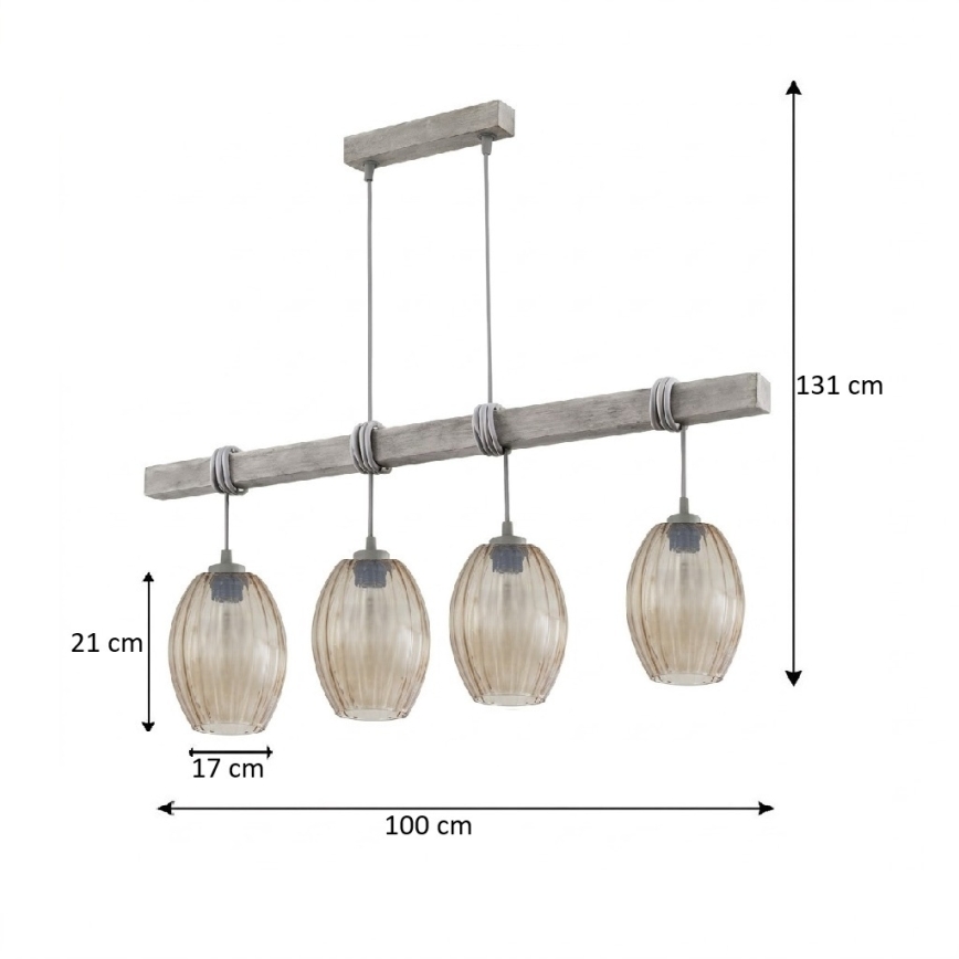 BRILAGI - Cable-suspended chandelier WOOD GLASS 4xE27/60W/230V pine/grey/smoky brown