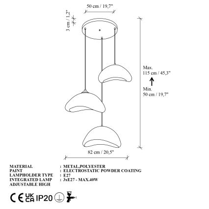 Brilagi - Cable-suspended pendant LUNA 3xE27/40W/230V Ø 82 cm white