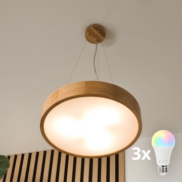 Brilagi - CARVALHO LED RGBW cable-suspended dimmable chandelier, 3x E27/9W/230V, 2700-6500K, Wi-Fi, oak, diam. 47.5 cm