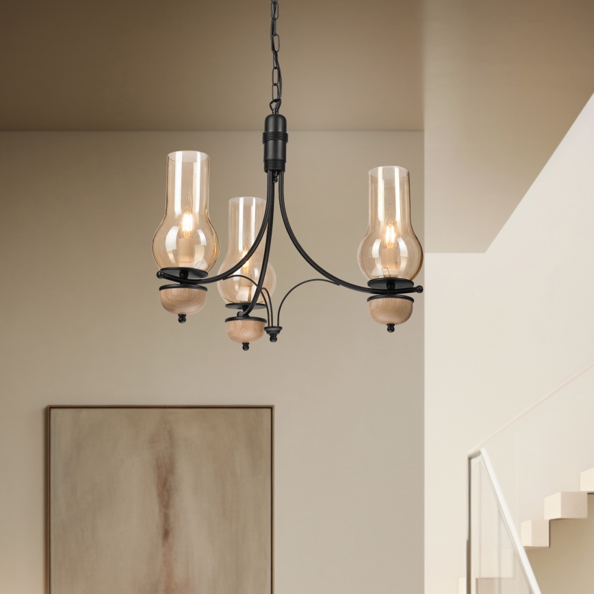 Brilagi - COTTAGE LED Chain Chandelier 3xE14/40W/230V Oak/Black/Smoky Beige