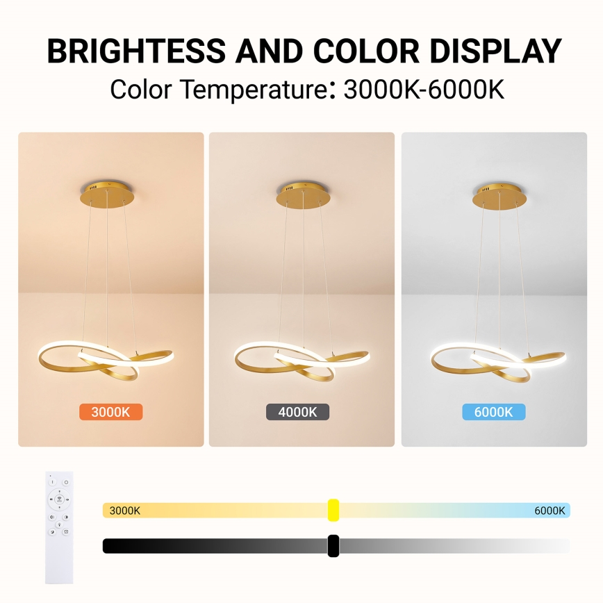 BRILAGI - INFINITY LED Dimmable Cable Pendant Light, 55W/230V, 3000-6000K, 50x50 cm, Gold + Remote Control
