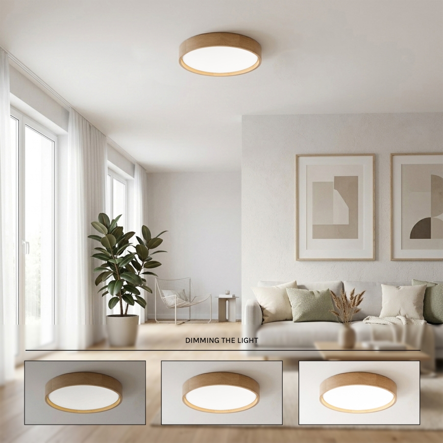 Brilagi - MANAROLA REMOTE LED Dimmable Ceiling Light, 24 W, 230 V, 3000–6500 K, Ø 41 cm, Oak + Remote Control
