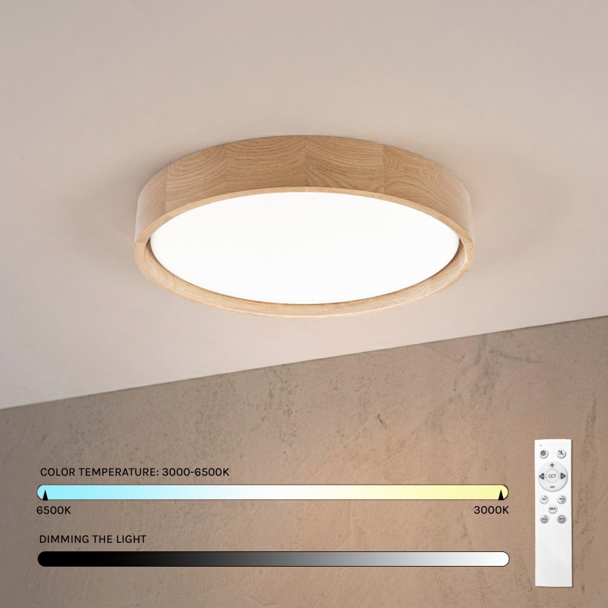Brilagi - MANAROLA REMOTE LED Dimmable Ceiling Light, 24 W, 230 V, 3000–6500 K, Ø 41 cm, Oak + Remote Control