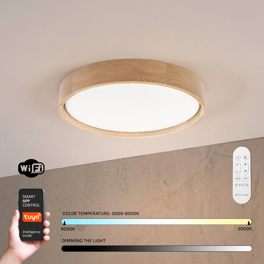 Brilagi - MANAROLA SMART STARS LED Dimmable Ceiling Light LED/24W/230V 3000–6000K Wi-Fi Tuya Beacon Ø 41 cm Oak + Remote Control
