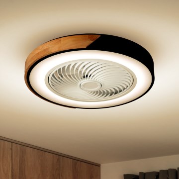 Brilagi - Dimmable LED ceiling light with fan, 30W, 230V, 3000–6500K, Ø 50 cm, black/oak + remote control