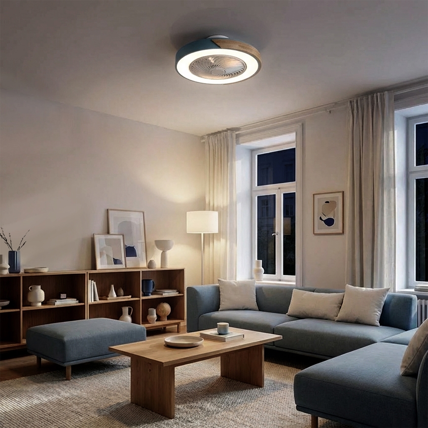 Brilagi - Dimmable LED Ceiling Light with Fan LED/38W/230V 3000-6500K 3000-6500K Ø 50 cm Blue/Oak + Remote Control
