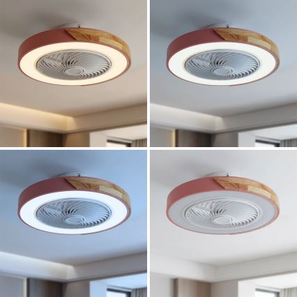 Brilagi - Dimmable LED Ceiling Light with Integrated Fan, 38W, 230V, 3000–6500K, Ø 50 cm, Pink/Oak + Remote Control