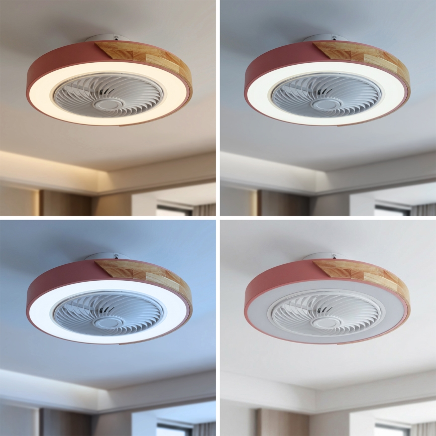 Brilagi - Dimmable LED Ceiling Light with Integrated Fan, 38W, 230V, 3000–6500K, Ø 50 cm, Pink/Oak + Remote Control