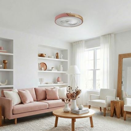 Brilagi - Dimmable LED Ceiling Light with Integrated Fan, 38W, 230V, 3000–6500K, Ø 50 cm, Pink/Oak + Remote Control