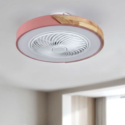 Brilagi - Dimmable LED Ceiling Light with Integrated Fan, 38W, 230V, 3000–6500K, Ø 50 cm, Pink/Oak + Remote Control