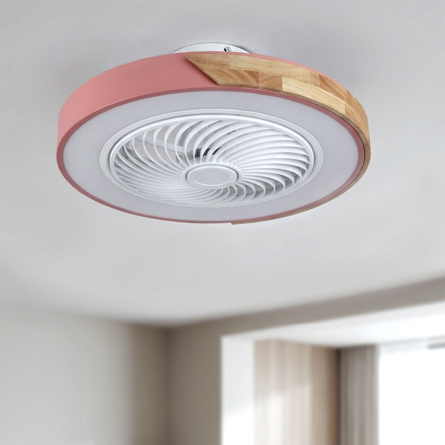 Brilagi - Dimmable LED Ceiling Light with Integrated Fan, 38W, 230V, 3000–6500K, Ø 50 cm, Pink/Oak + Remote Control