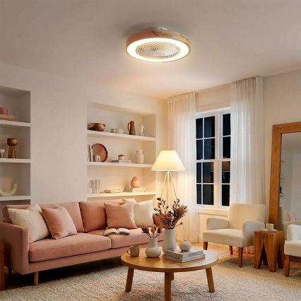 Brilagi - Dimmable LED Ceiling Light with Integrated Fan, 38W, 230V, 3000–6500K, Ø 50 cm, Pink/Oak + Remote Control