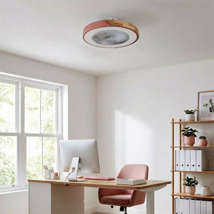 Brilagi - Dimmable LED Ceiling Light with Integrated Fan, 38W, 230V, 3000–6500K, Ø 50 cm, Pink/Oak + Remote Control