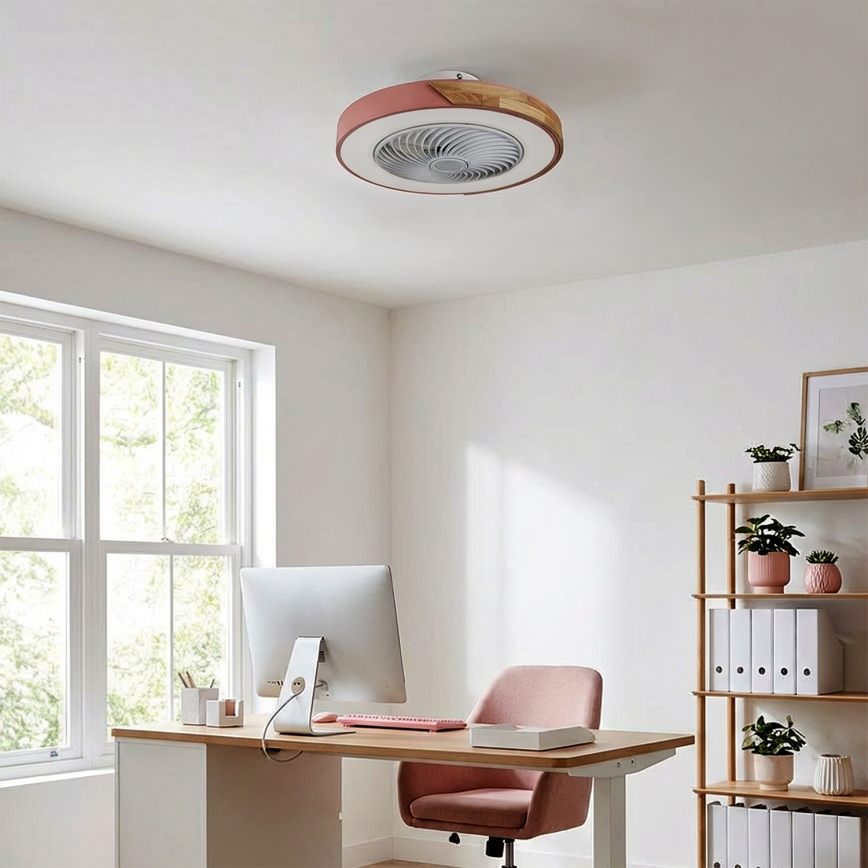 Brilagi - Dimmable LED Ceiling Light with Integrated Fan, 38W, 230V, 3000–6500K, Ø 50 cm, Pink/Oak + Remote Control