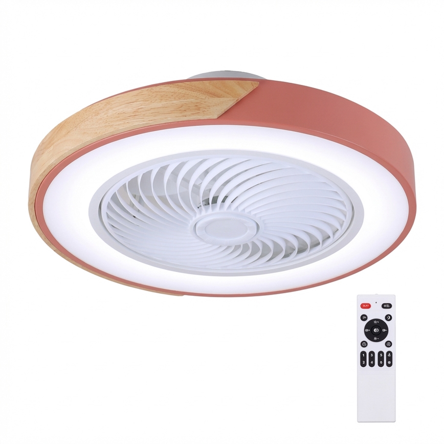 Brilagi - Dimmable LED Ceiling Light with Integrated Fan, 38W, 230V, 3000–6500K, Ø 50 cm, Pink/Oak + Remote Control