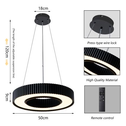 Brilagi - LUMIX Dimmable LED Cable Pendant Light, 48W/230V, 3000-6000K, Black, Ø 50 cm + Remote Control