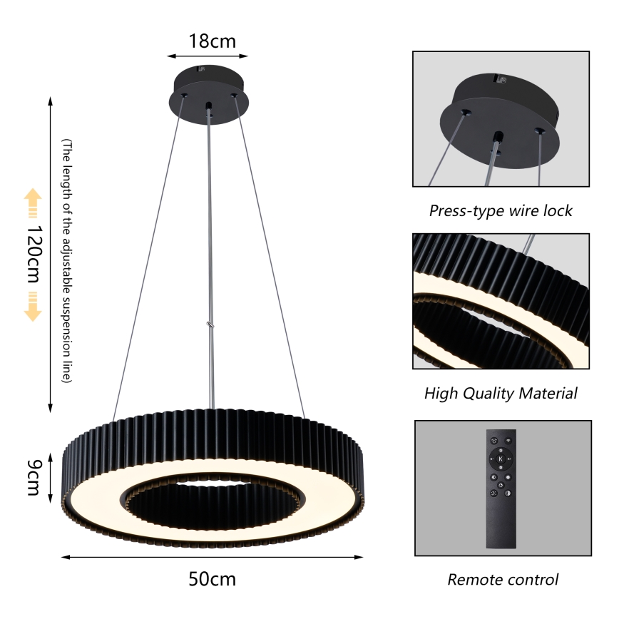 Brilagi - LUMIX Dimmable LED Cable Pendant Light, 48W/230V, 3000-6000K, Black, Ø 50 cm + Remote Control