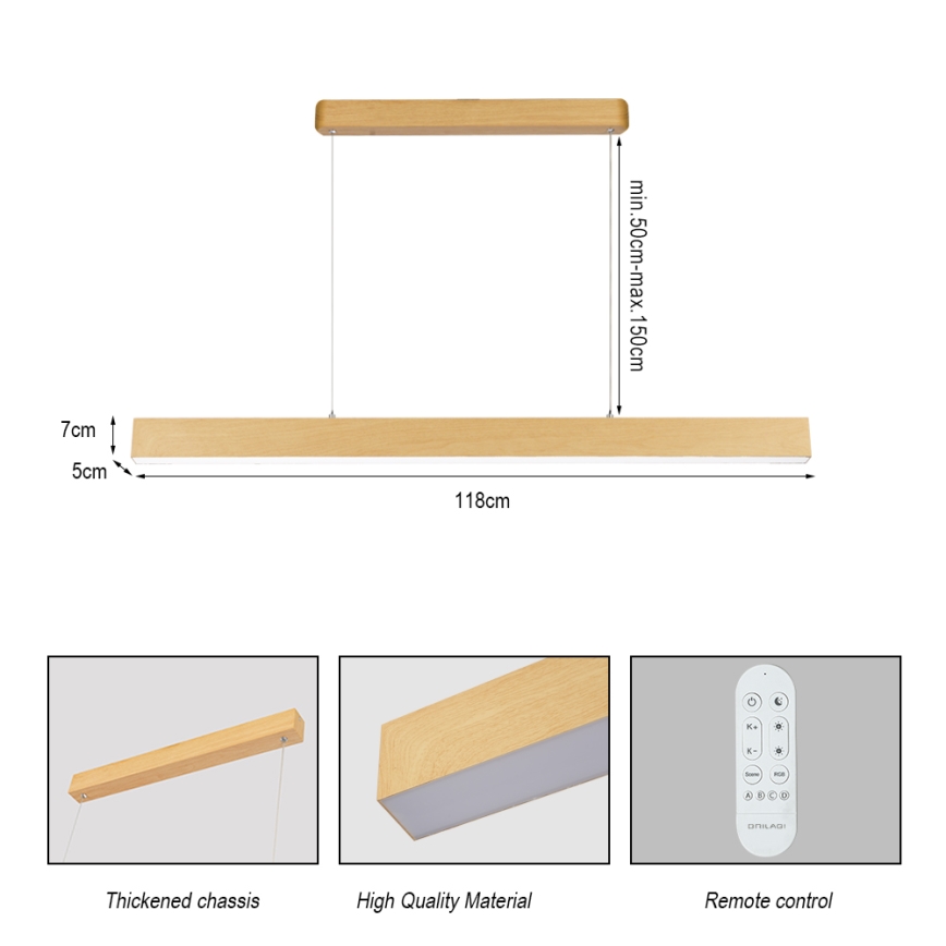 Brilagi - SLEEKLINE SMART Dimmable LED Chandelier, 40W/230V, Wi‑Fi (Tuya), Oak Finish + Remote Control