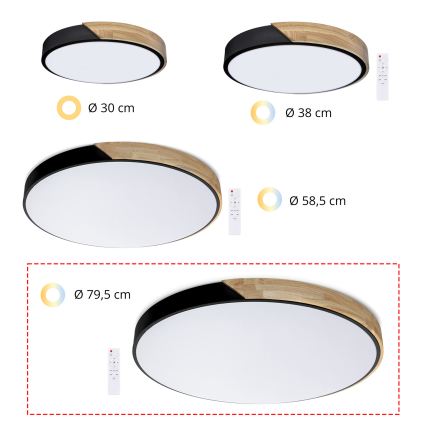 Brilagi - PILANA Dimmable LED Ceiling Light LED/72W/230V 3000-6500K Oak/Black Ø 80 cm + Remote Control