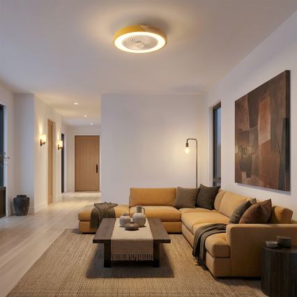Brilagi - Dimmable LED Ceiling Light with Fan, 38W/230V, 3000–6500K, Ø 50 cm, Gold/Oak + Remote Control