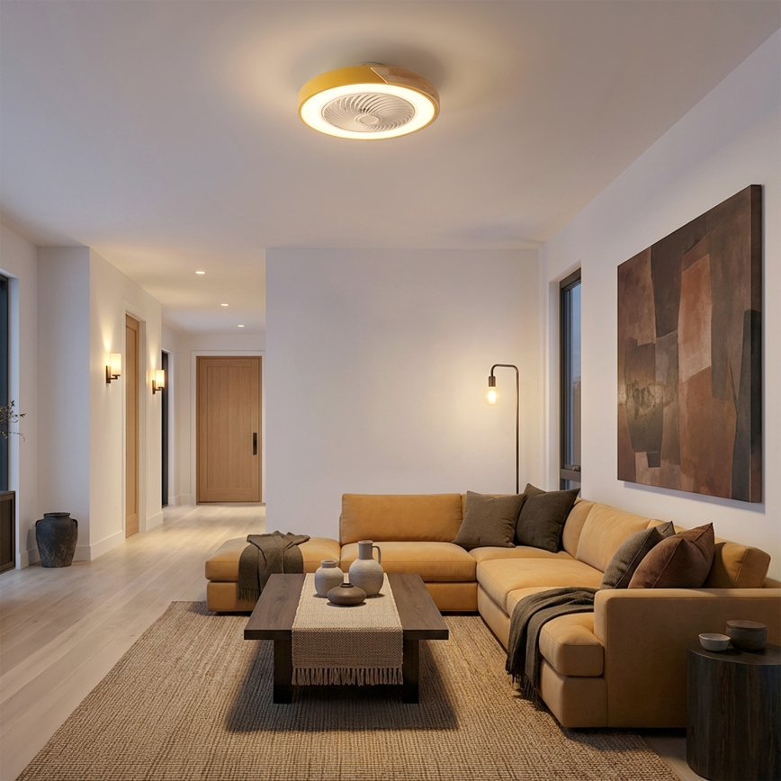 Brilagi - Dimmable LED Ceiling Light with Fan, 38W/230V, 3000–6500K, Ø 50 cm, Gold/Oak + Remote Control