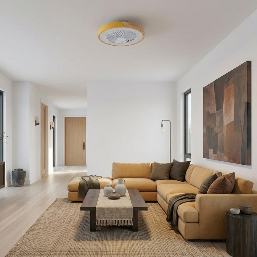Brilagi - Dimmable LED Ceiling Light with Fan, 38W/230V, 3000–6500K, Ø 50 cm, Gold/Oak + Remote Control
