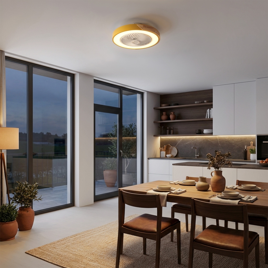 Brilagi - Dimmable LED Ceiling Light with Fan, 38W/230V, 3000–6500K, Ø 50 cm, Gold/Oak + Remote Control