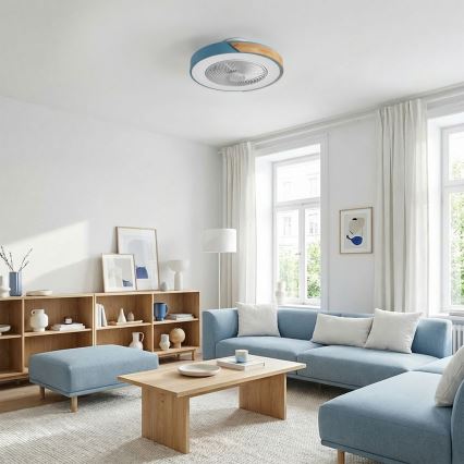 Brilagi - LED Dimmable Ceiling Light with Fan LED/38W/230V 3000-6500K Ø 50 cm Blue/Oak + Remote Control