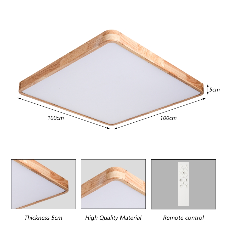 BRILAGI - LED Dimmable Ceiling Light WOODLINE SQUARE LED/180W/230V 3000-6000K Oak 100x100 cm + Remote Control