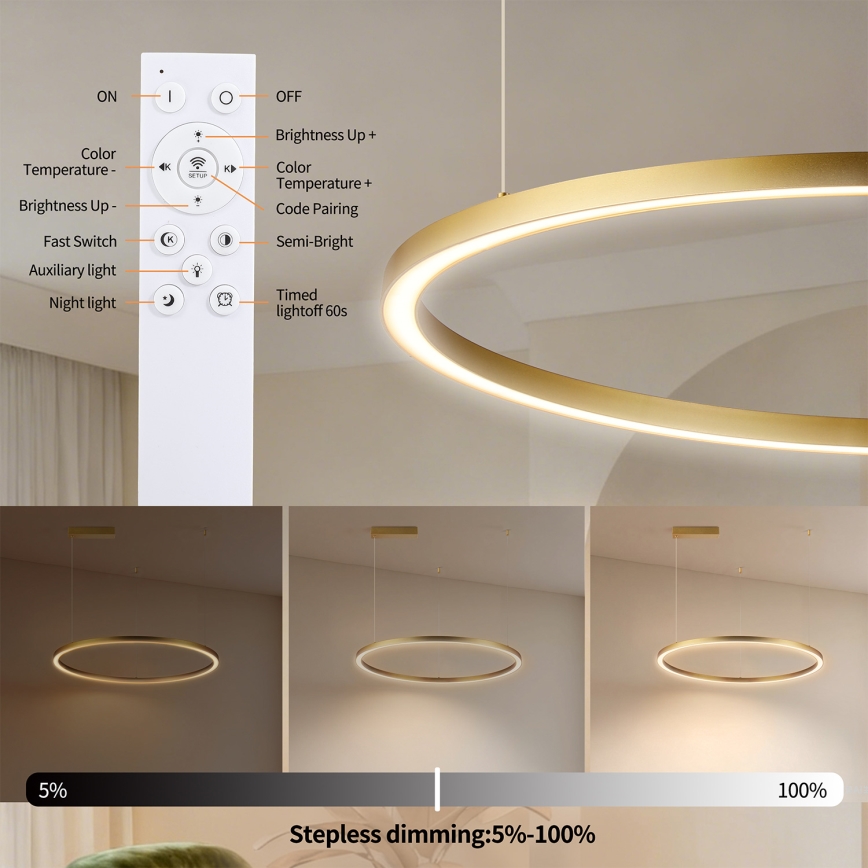 Brilagi - PORTOFINO LED dimmable cable pendant light, 60W, 230V, 3000–6000K, Ø 80 cm, gold + remote control