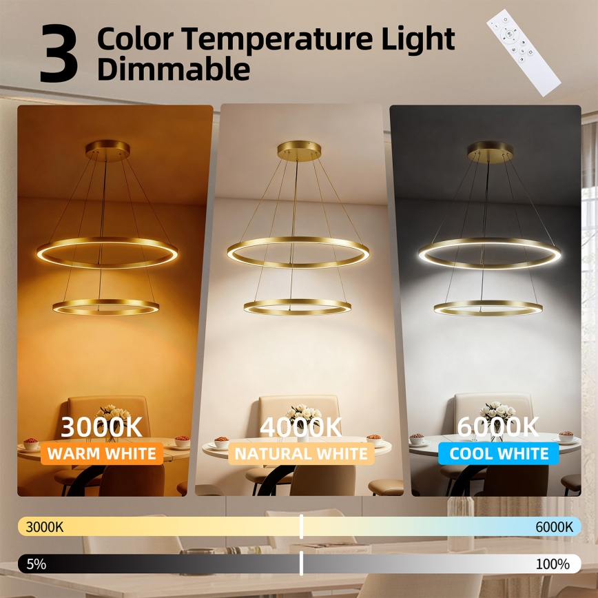 Brilagi - PORTOFINO LED dimmable cable-suspended chandelier, 98W/230V, 3000–6000K, Ø80 cm, gold + remote control