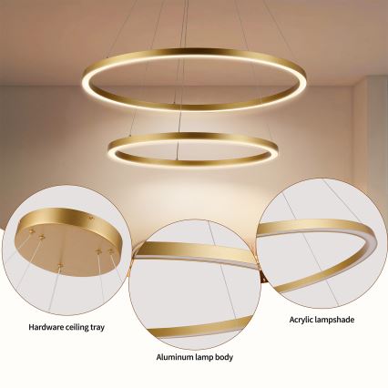 Brilagi - PORTOFINO LED dimmable cable-suspended chandelier, 98W/230V, 3000–6000K, Ø80 cm, gold + remote control