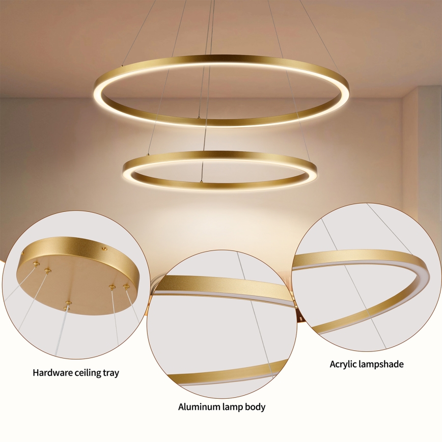 Brilagi - PORTOFINO LED dimmable cable-suspended chandelier, 98W/230V, 3000–6000K, Ø80 cm, gold + remote control