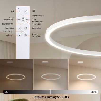 Brilagi - PORTOFINO LED dimmable cable pendant LED/60W/230V 3000-6000K Ø 80 cm white + remote control