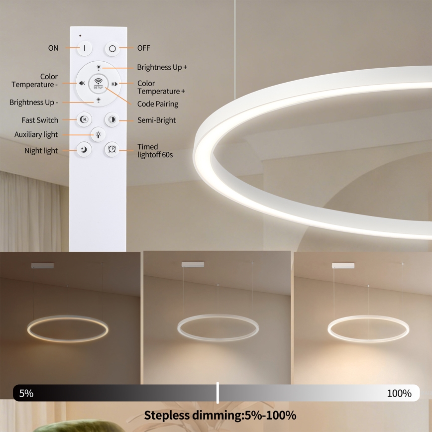 Brilagi - PORTOFINO LED dimmable cable pendant LED/60W/230V 3000-6000K Ø 80 cm white + remote control