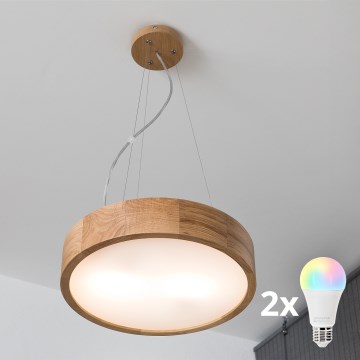 Brilagi - Dimmable LED RGBW Cable-Suspended Pendant CARVALHO 2xE27/9W/230V 2700-6500K Wi-Fi Oak Ø 37 cm