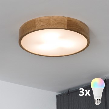 Brilagi - Dimmable LED RGBW Ceiling Light CARVALHO 3xE27/9W/230V 2700-6500K Wi-Fi Oak Ø 47.5 cm