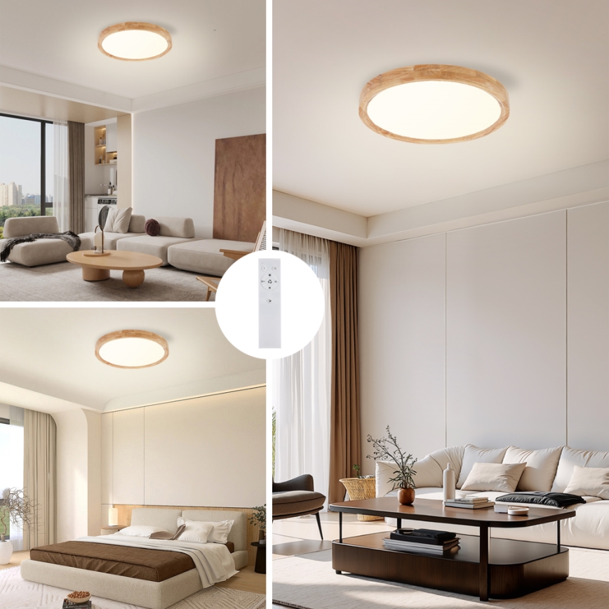 Brilagi - WOODROUND Dimmable LED Ceiling Light 30W/230V 3000-6000K Ø40 cm Wood CRI 90 + Remote Control