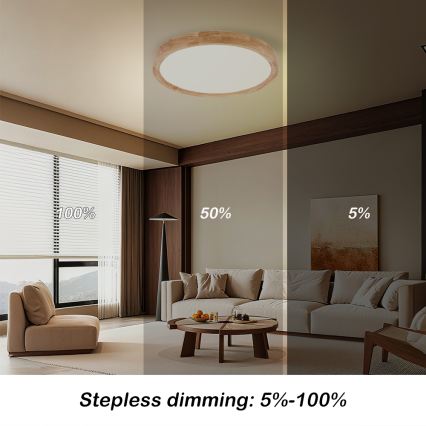 Brilagi - WOODROUND Dimmable LED Ceiling Light 30W/230V 3000-6000K Ø40 cm Wood CRI 90 + Remote Control