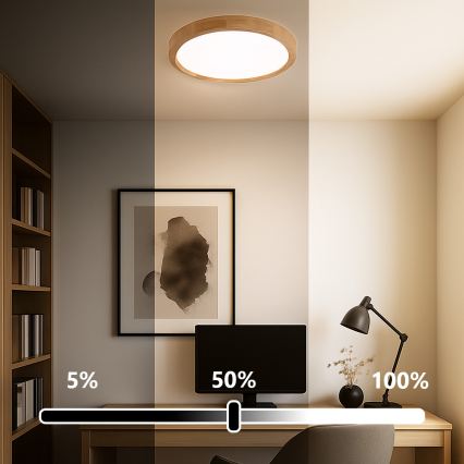 Brilagi - WOODROUND Dimmable LED Ceiling Light 30W/230V 3000-6000K Ø40 cm Wood CRI 90 + Remote Control