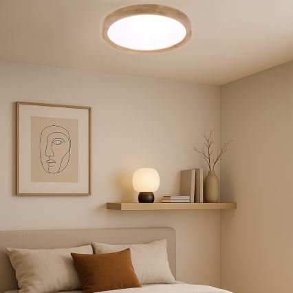Brilagi - WOODROUND Dimmable LED Ceiling Light 30W/230V 3000-6000K Ø40 cm Wood CRI 90 + Remote Control