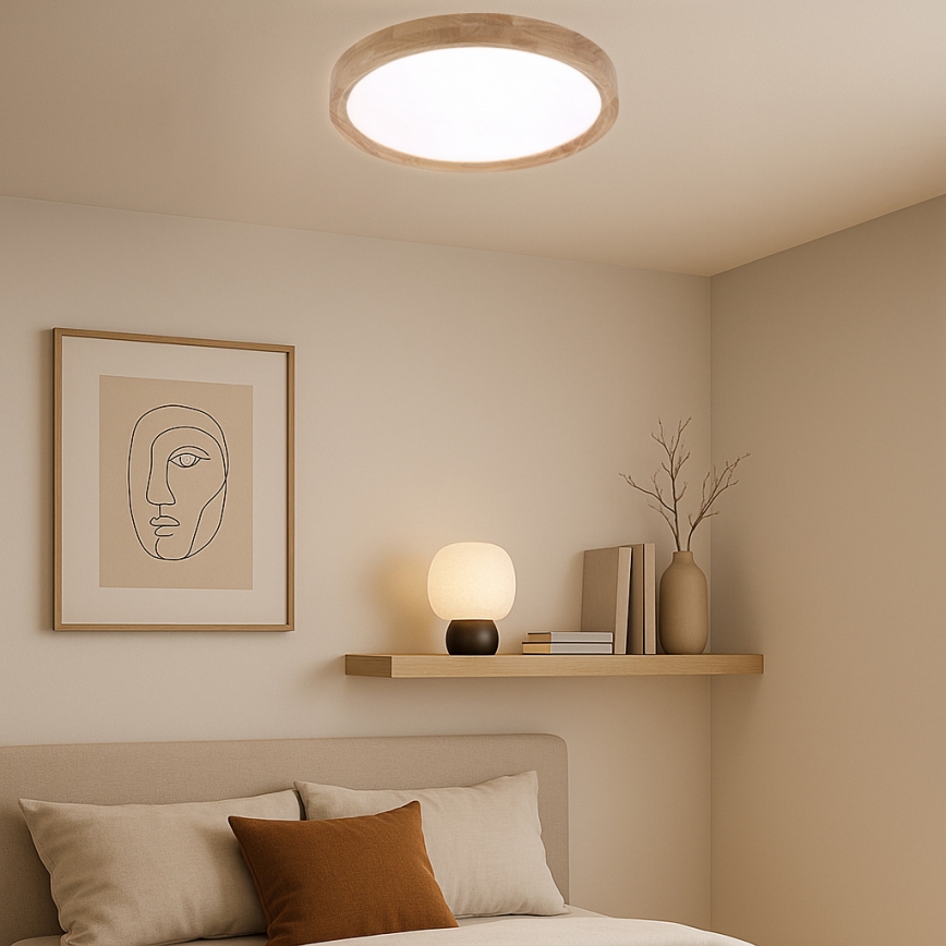 Brilagi - WOODROUND Dimmable LED Ceiling Light 30W/230V 3000-6000K Ø40 cm Wood CRI 90 + Remote Control