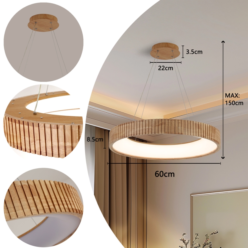 Brilagi - LED pendant on cable FALCON WOOD MODERN LED/40W/230V 3000/4000/6000K Ø 60 cm wood