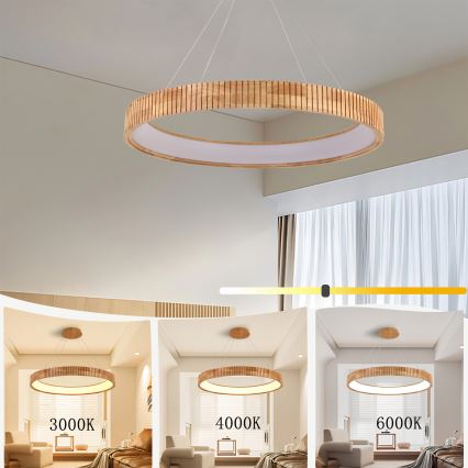 Brilagi - FALCON WOOD MODERN LED Cable Pendant, 60W, 230V, Selectable 3000/4000/6000K, Ø80 cm, Wood