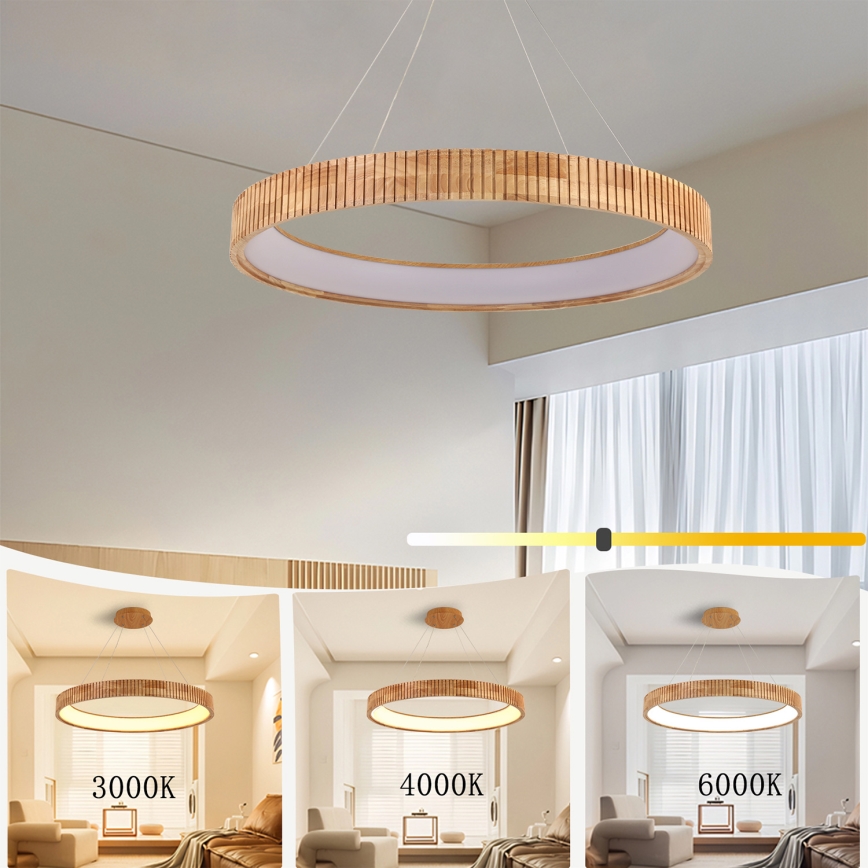 Brilagi - FALCON WOOD MODERN LED Cable Pendant, 60W, 230V, Selectable 3000/4000/6000K, Ø80 cm, Wood