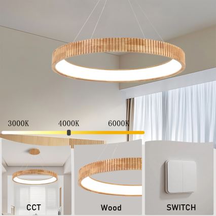 Brilagi - FALCON WOOD MODERN LED Cable Pendant, 60W, 230V, Selectable 3000/4000/6000K, Ø80 cm, Wood