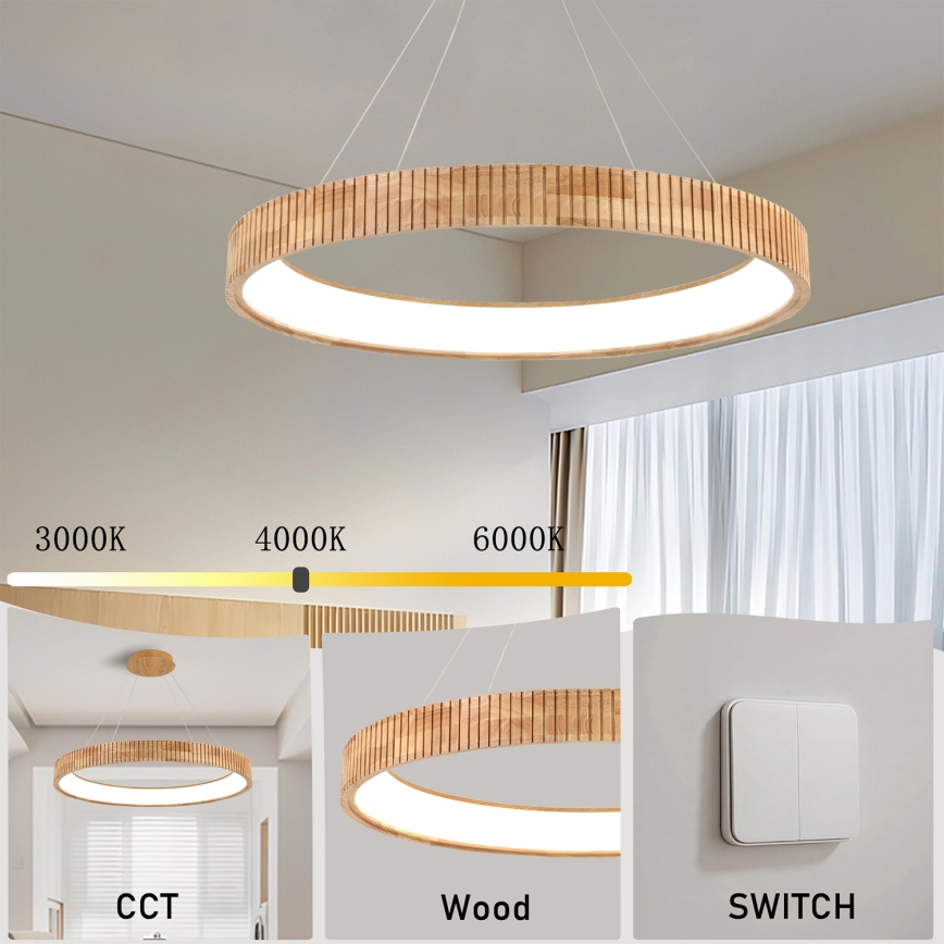 Brilagi - FALCON WOOD MODERN LED Cable Pendant, 60W, 230V, Selectable 3000/4000/6000K, Ø80 cm, Wood