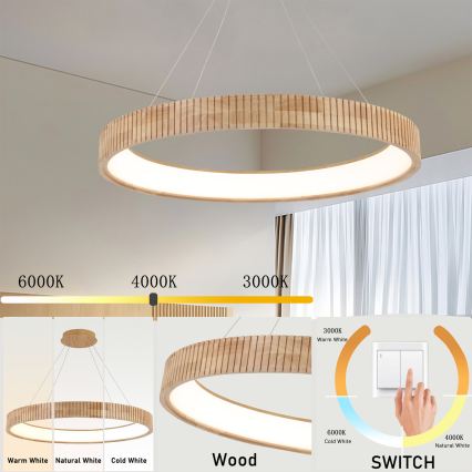 Brilagi - FALCON WOOD MODERN LED Cable Pendant, 60W, 230V, Selectable 3000/4000/6000K, Ø80 cm, Wood
